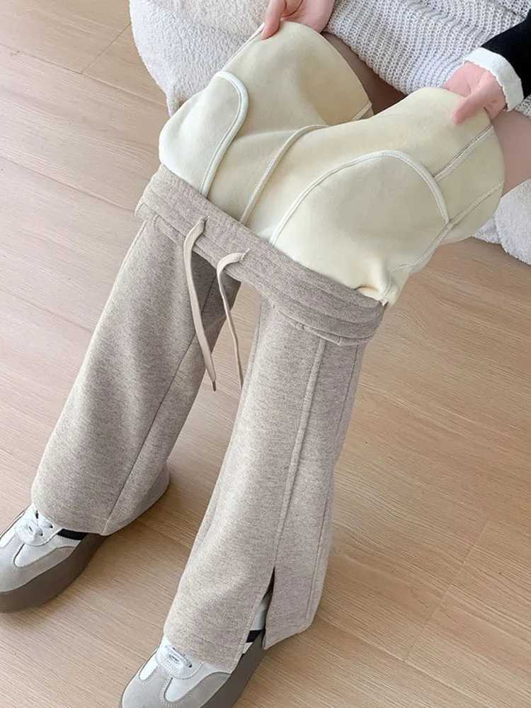 Split Design Thicken Slim Flare Pants Women Elastic High Waist Velvet Lined Wide Leg Pantalones Winter Warm Casual Solid CalcaT251025