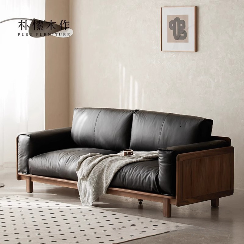 Black Walnut Sofa Full Solid Wood Genuine Leather Modern Simple Three-Seater Living Room Small Apartment Home Down Filling