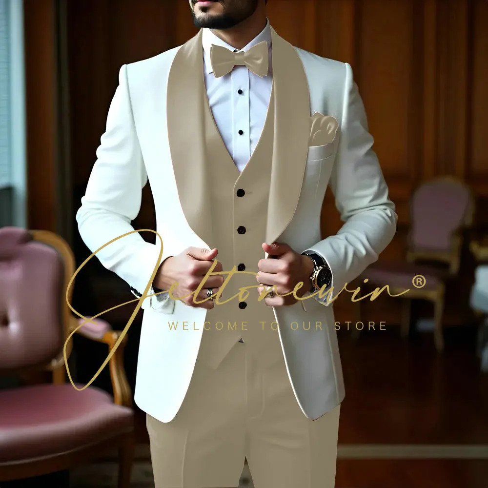 White 3 Pieces Men Suits Slim Fit Shawl Lapel Formal Man Wedding Groom Wear Blazer Sets Party Tuxedos Trajes De Hombre 251020