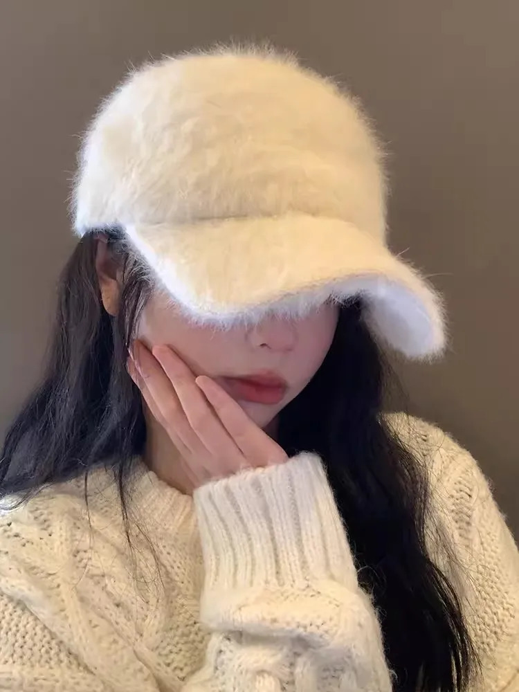 Rabbit Hair Baseball Hat Winter Solid Color Warm Duck Tongue Hat Womens Autumn and Winter Plush Cold and Sunshade Hat 251023