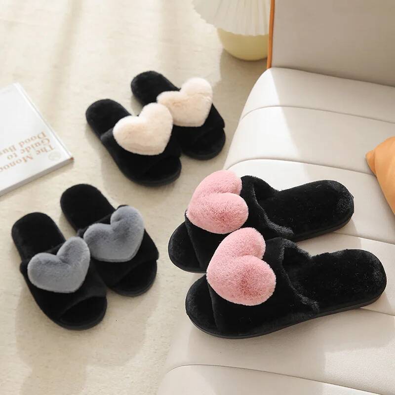 Women Shoes Autumn Winter Indoor Warm Home Bedroom Cute Heart Pattern Non-slip Soft Comfortable Plush House Slippers ddmythur
