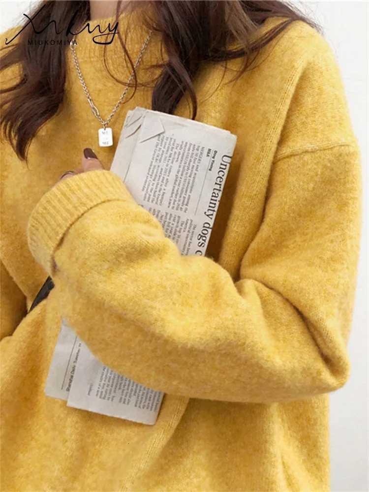 MiuKoMiYa Winter Sweater Women Yellow Warm O Neck Knitted Pullovers Loose Outwear Autumn Jumpers Women Vintage Sweaters PinkT251025