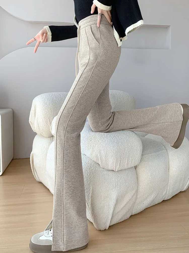 Split Design Thicken Slim Flare Pants Women Elastic High Waist Velvet Lined Wide Leg Pantalones Winter Warm Casual Solid CalcaT251025