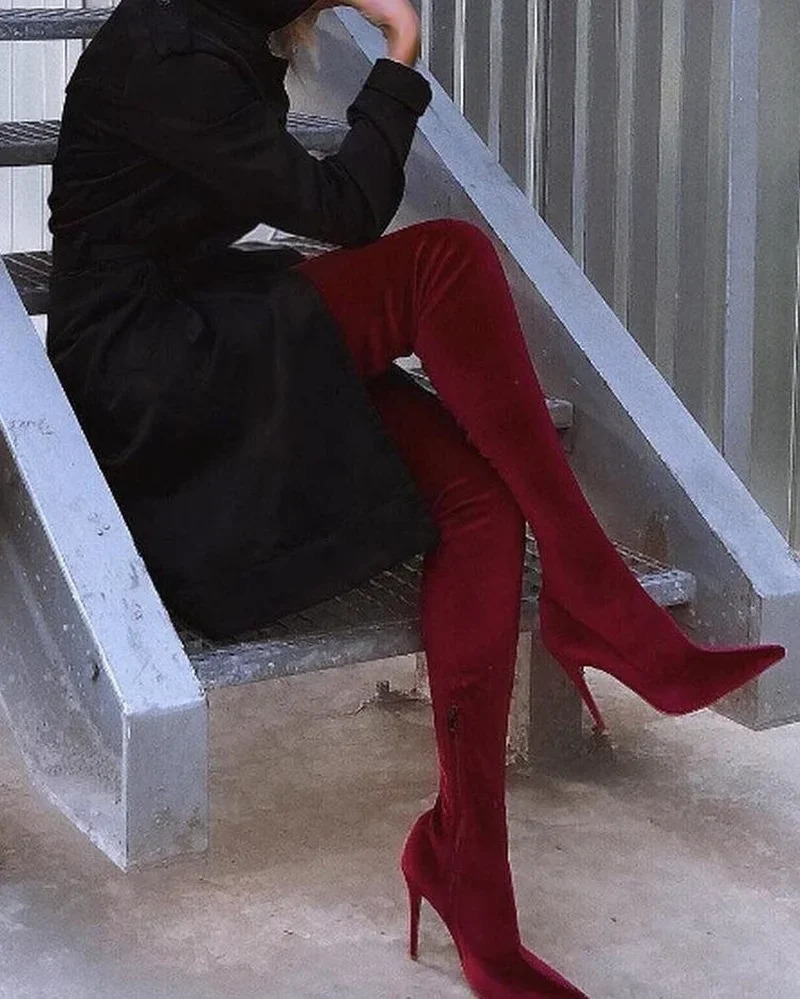 Womens Boots Green Color Over The Knee Boots Fashion Personality Stiletto Elastic Side Zipper Long Boots Large Size 3443 251023