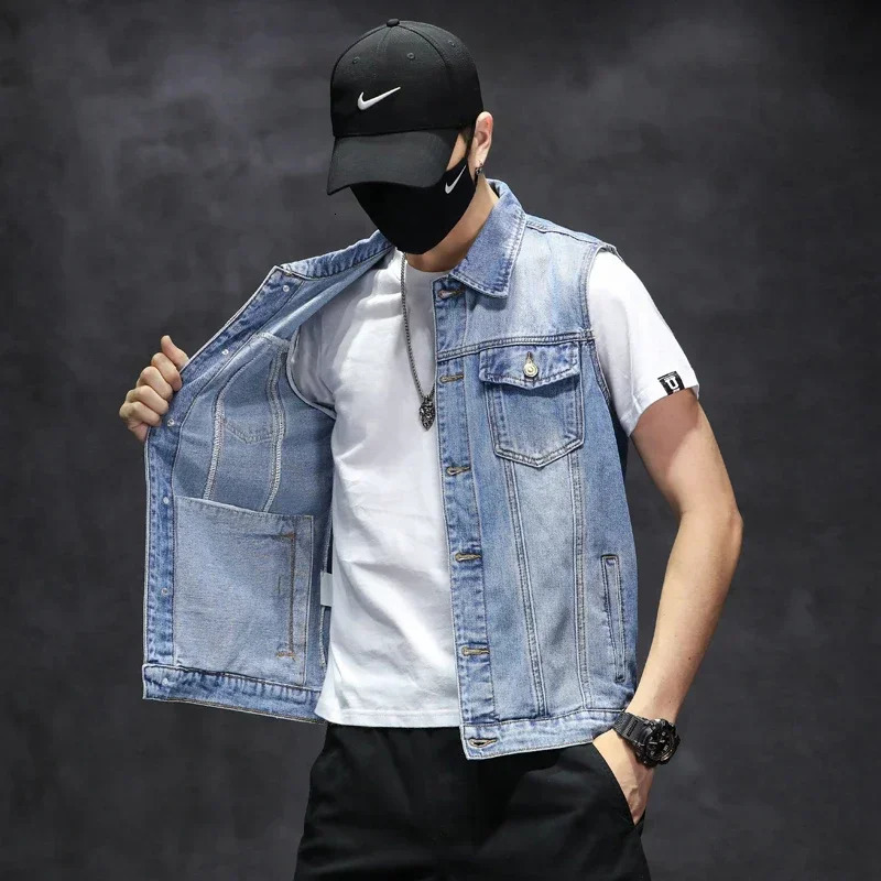 Mens Sleeveless Denim Jacket Single Breasted Lapel Vest Coat Blue Gray Black Top Asia Size M5XL 251017