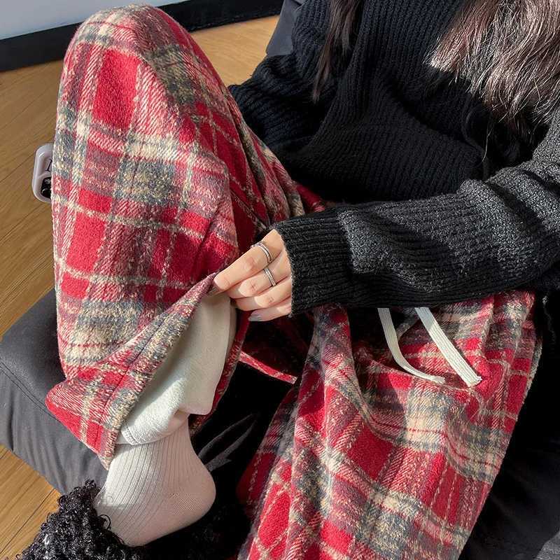 Harajuku Thicken Plaid Pants for Women Autumn Winter Fleece Wide Leg Trousers Woman Baggy Drawstring High Waist Pants LadiesT251025