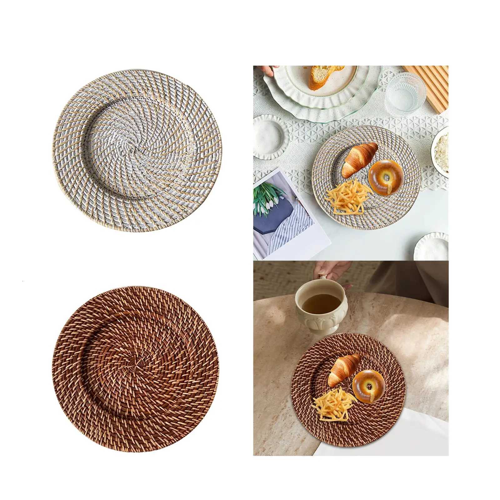 Round Rattan Charger Plate Woven Serving Platter Decorative Coffee Bread Dining Y251025