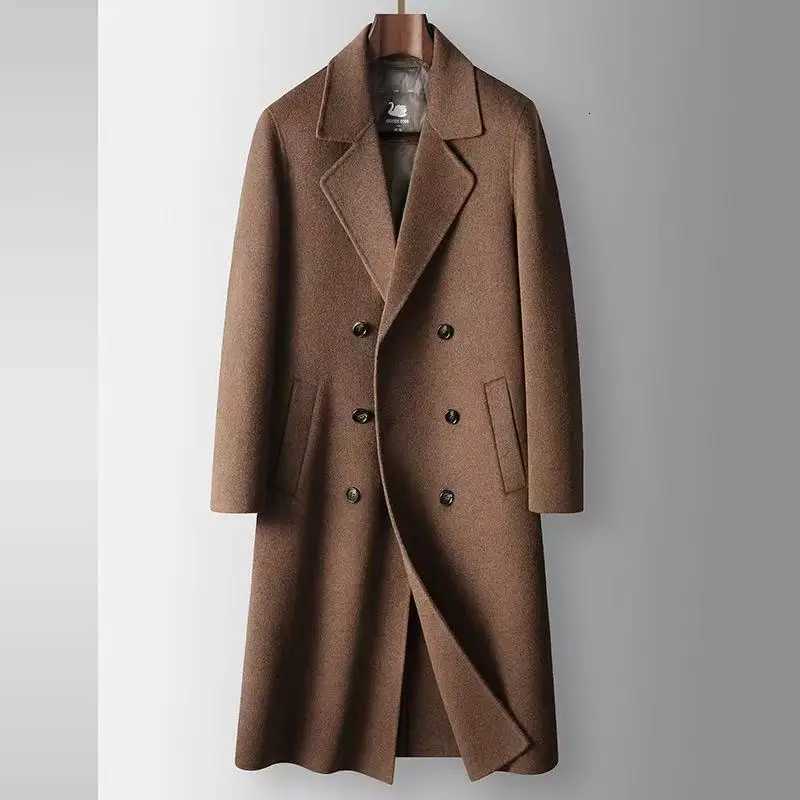 2025 AutumnWinter New Mens 100 Wool Coat Knee length Double breasted Goose Down Inner Tank Thickened for WarmthT251025