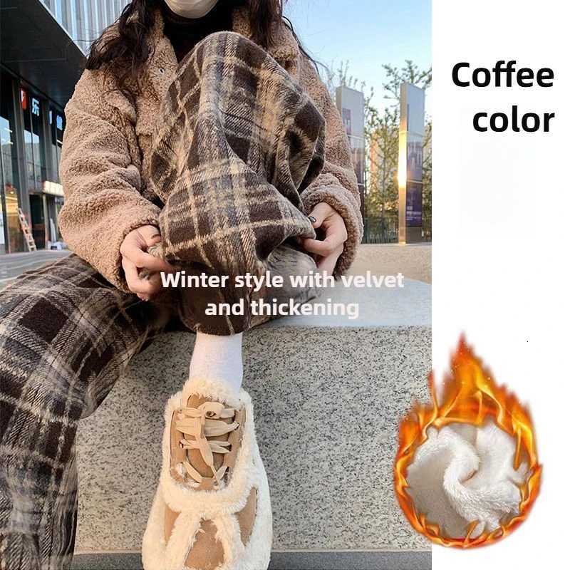 Fleecing Wide Leg Pants Women Winter Thick Plaid Straightleg Floorlength Trousers Fashion Warm Wool Casual Thickened TrousersT251025