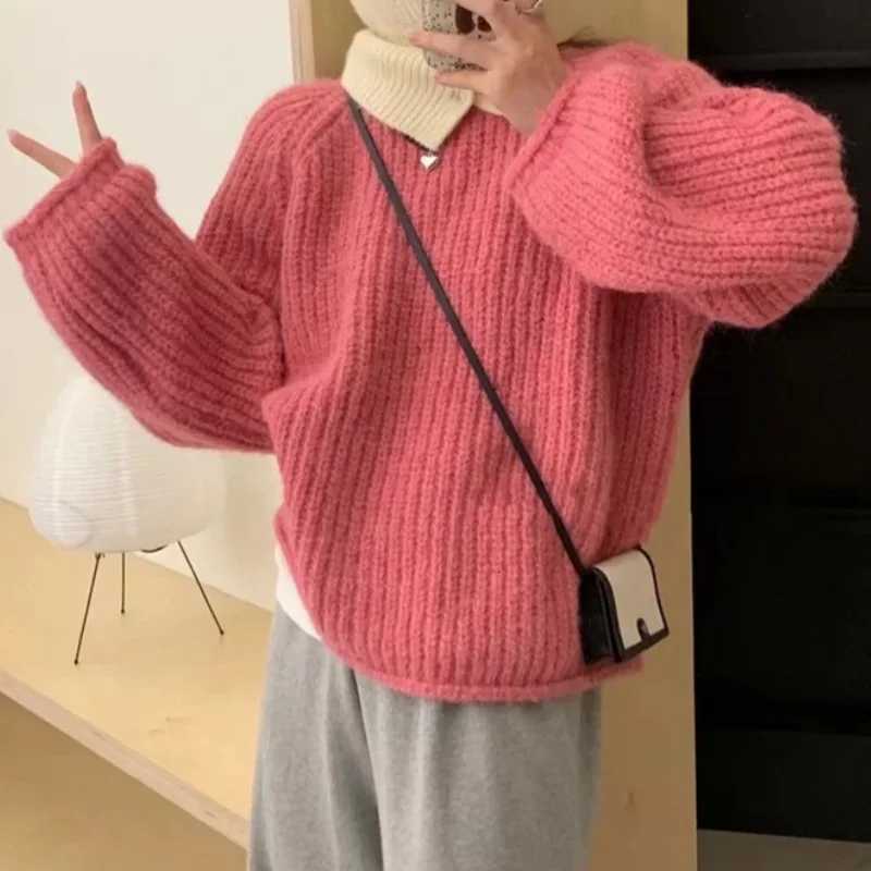 Korean Coarse Yarn Knitted Sweaters Womens Loose Fashion Candy Color ONeck Pullover Autumn Winter Thicken Warm Long Sleeve TopsT251025