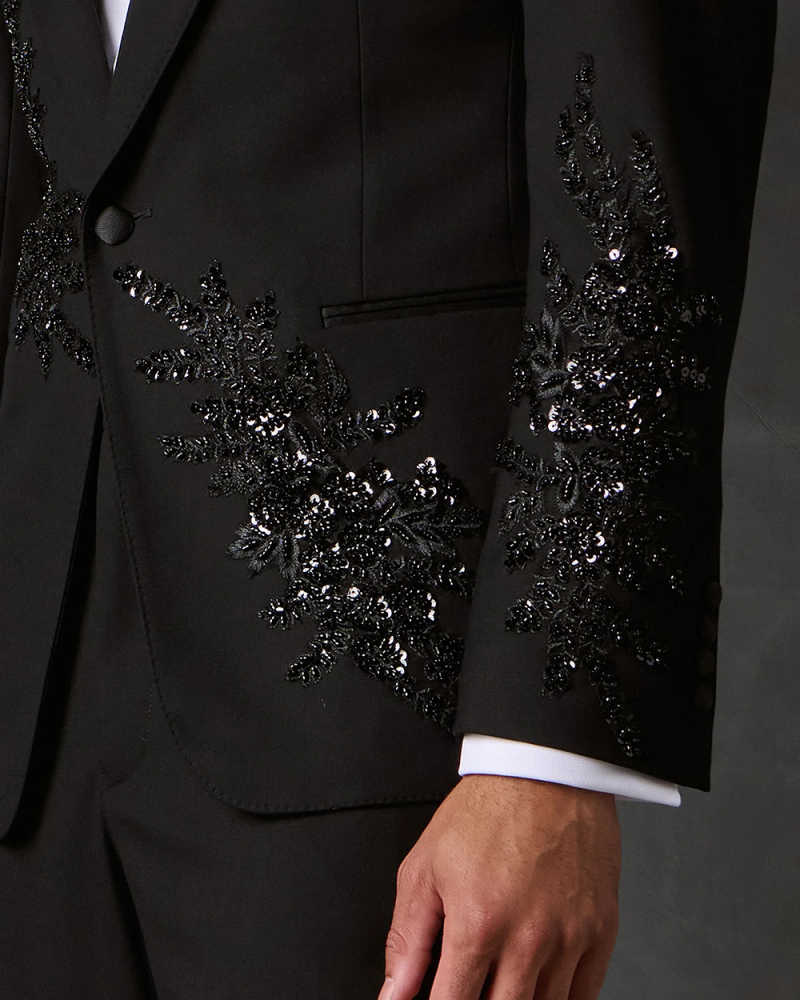 Customized Elegant Embroidery Beads Men Suits Slim Fit Peak Lapel Groom Tuxedos 2 Pieces Sets Male Blazers Casual Ropa Hombre