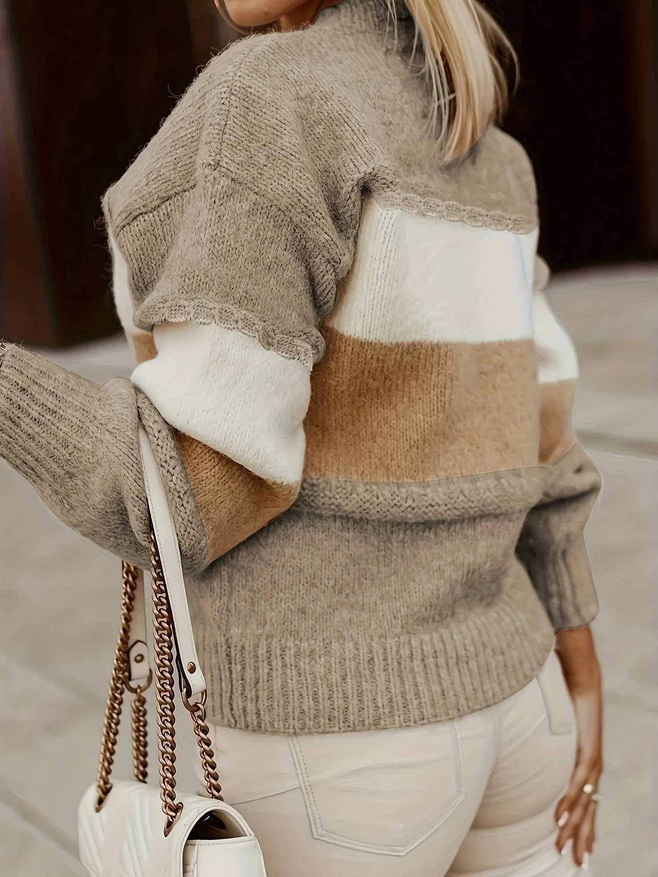 Autumn and winter round neck contrast color stripes lazy sweater with high sense longsleeved knitted loose base shirt for womenT251025