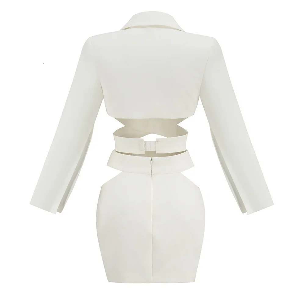 Fashion Sexy Notched Collar Hollow Out Jacket Office Ladies Slim Chic Long Sleeve White Blazer Skirt Set Women Outfits 251023