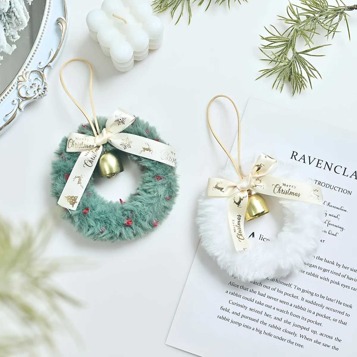 Plush Christmas Wreath Decoration Window Door Hanging Car Hanging Scene Arrangement Christmas Bells Bow Wreaths Party Decoration C251024
