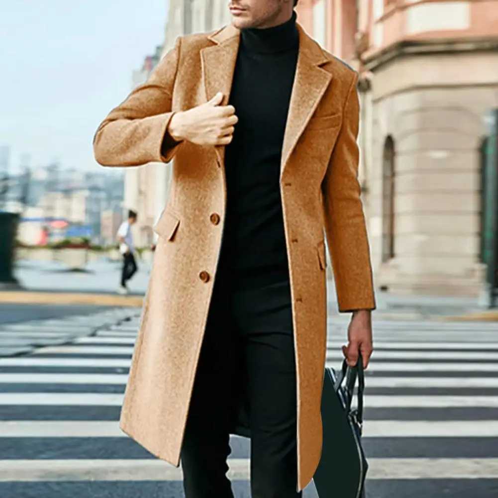 Threebutton Coat Stylish Mens British Style Long Coat Warm Solid Color Windbreaker with Turndown Collar SinglebreastedT251025