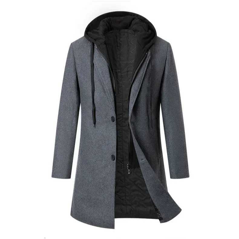 Mens Thickened Hooded Fake TwoPiece MidLong Wool Coat Solid Color Slim Fit Windbreaker Outerwear for Autumn and Winter S3XLT251025