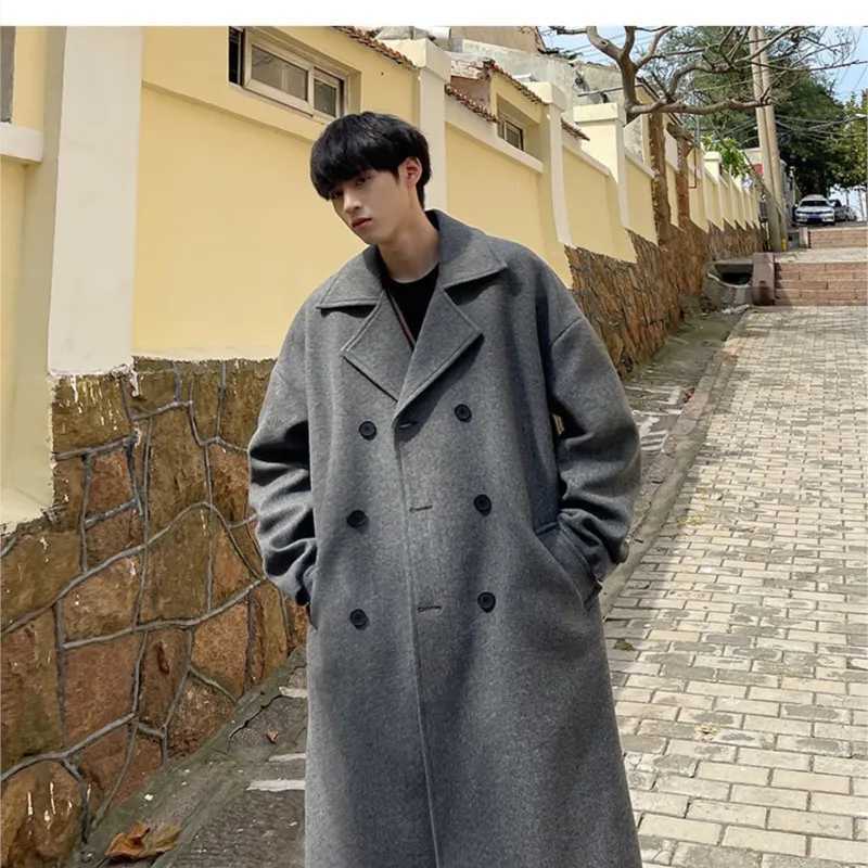 Long Dust Coat Men Winter Koreanstyle Trench Mens Solid Double Breasted Woolen Cloth Coat Loose Casual Trenchcoat OutwearT251025