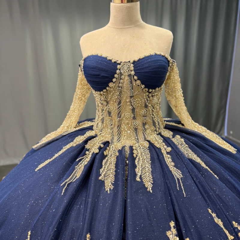 Royal Blue Shiny Quinceanera Dresses Ball Gown Off The Shoulder Gold Applique Lace Beading Tull Long Sleeves Party Birthday Sweet 16 Dress Vestidos 15