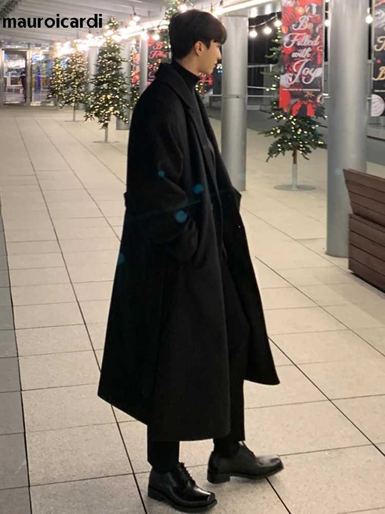 Mauroicardi Autumn Winter Long Loose Casual Black Warm Wool Blends Trench Coat Men Double Breasted Korean FashionT251025