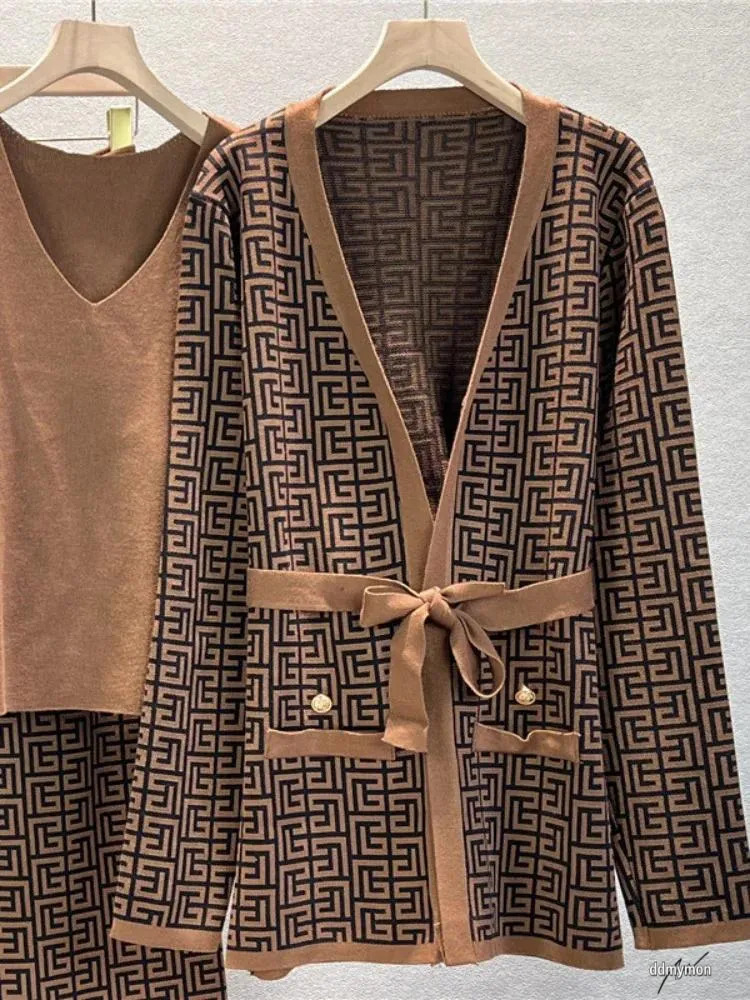 Women's 3-Piece Knitted Tracksuit Set: Warm Winter Outfit With Jacket, Sweater, Top, And Pants Ddmymon