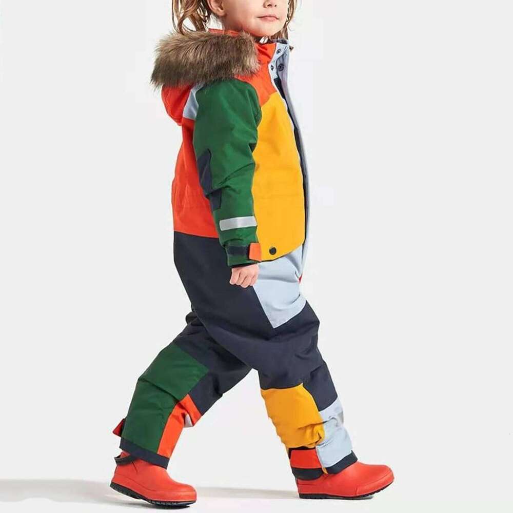 One-Piece Children's Ski Suits Snowboarding Fur Collar Hooded Thickening Windproof Warm Winter Skiing Clothes For Girls Boys
