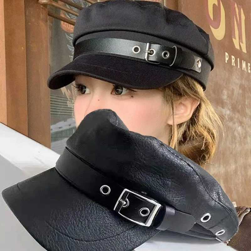 Retro Black Leather Beret Hat Wen Fashion Flat Top Painter C Small Face Hip Pop Adjustable Casual Versatile Streetwear Beret Y251025