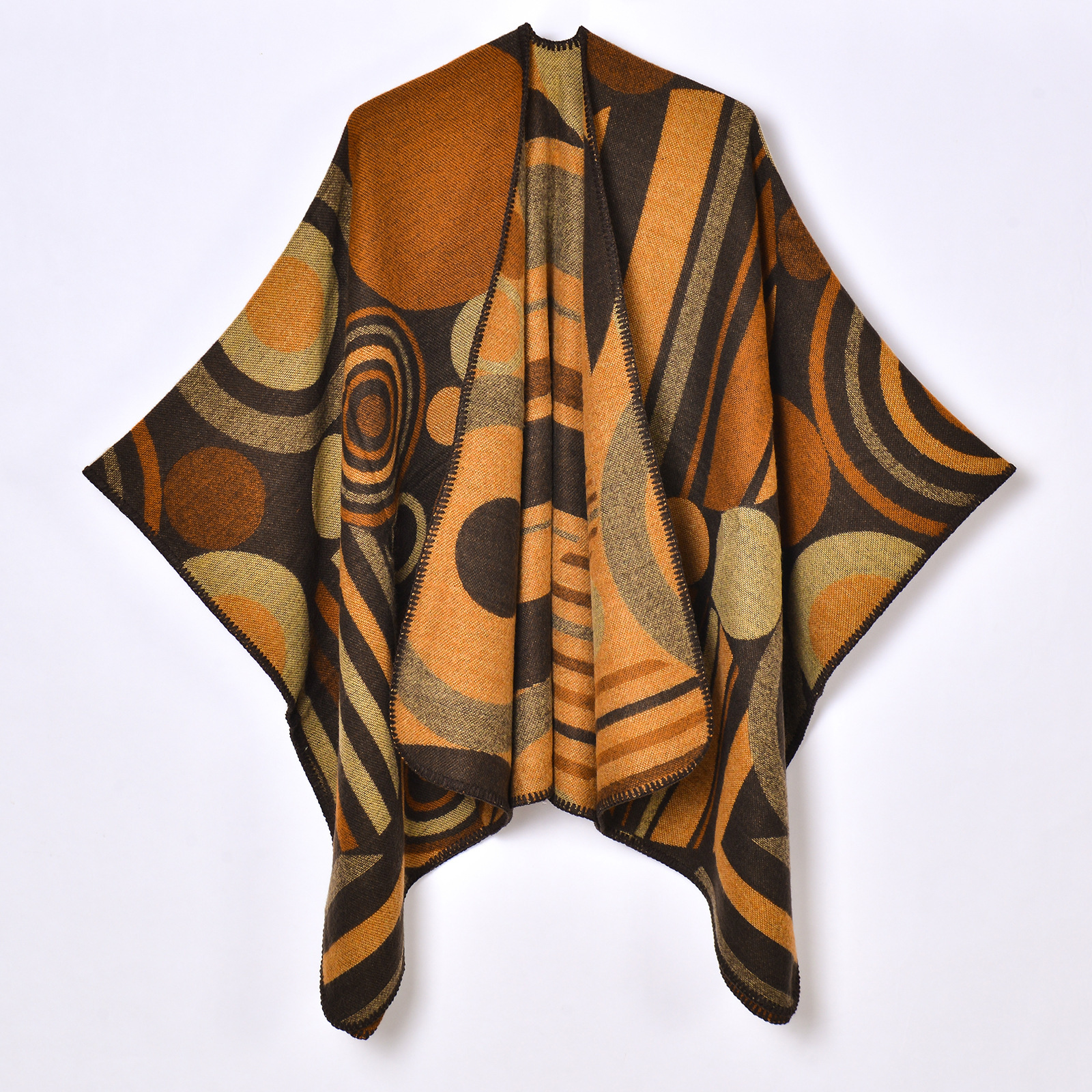New Geometric Abstract Line Patchwork Womens Autumn Winter Warm Split Shawl Cape Outerwear Decorative Scarf