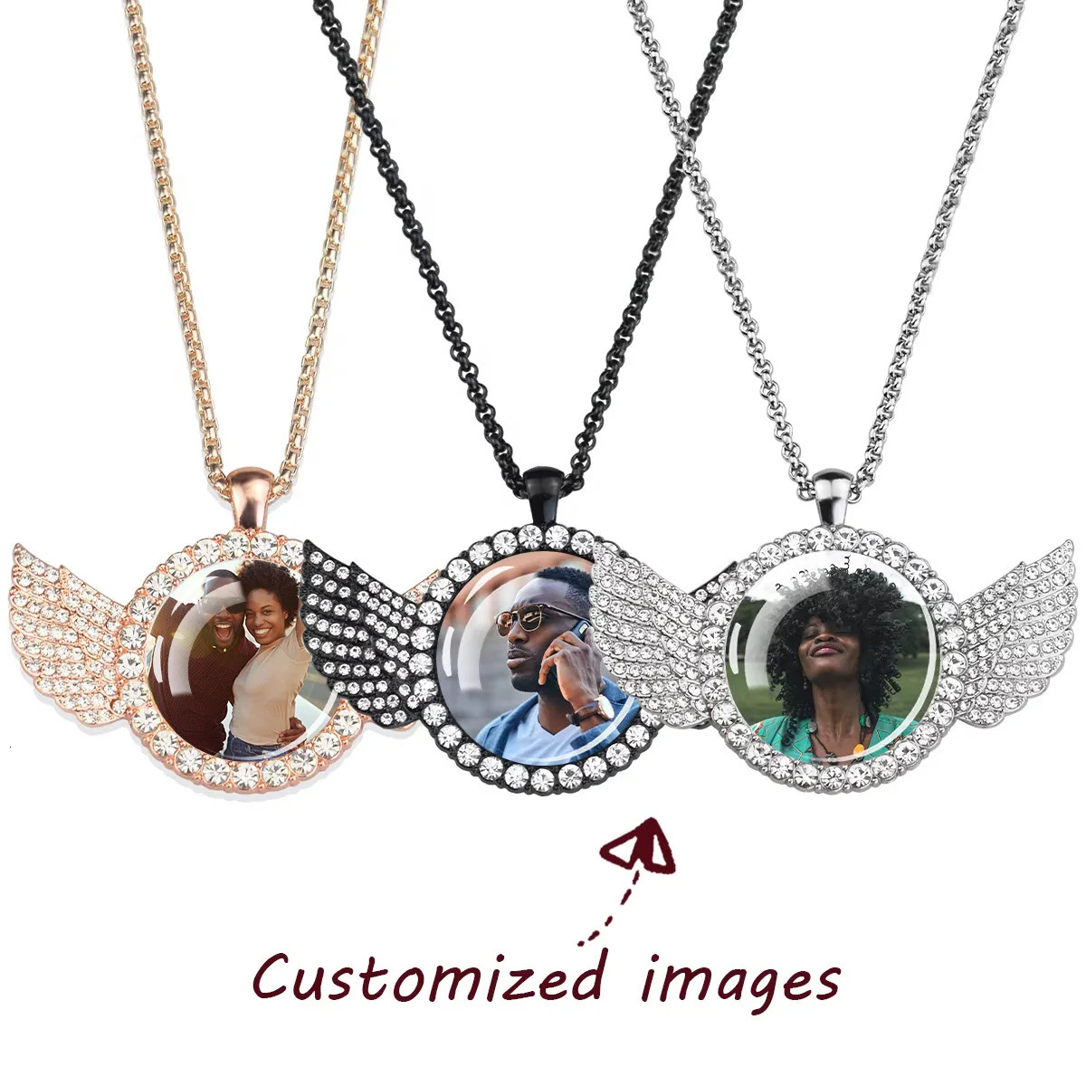 Custom Pendants Necklace DIY Customize Picture Po Angel Wing Rhinestone Glass Dome Pendant Hip Hop Rock Jewelry Gift 1PC 251023