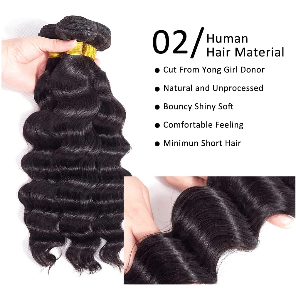 10A Grade Virgin Loose Wave Hair 1 Bundles 100% Unprocessed Virgin Remy Loose Deep Wave Human Hair Weave Bundles for Black Women Natural Color