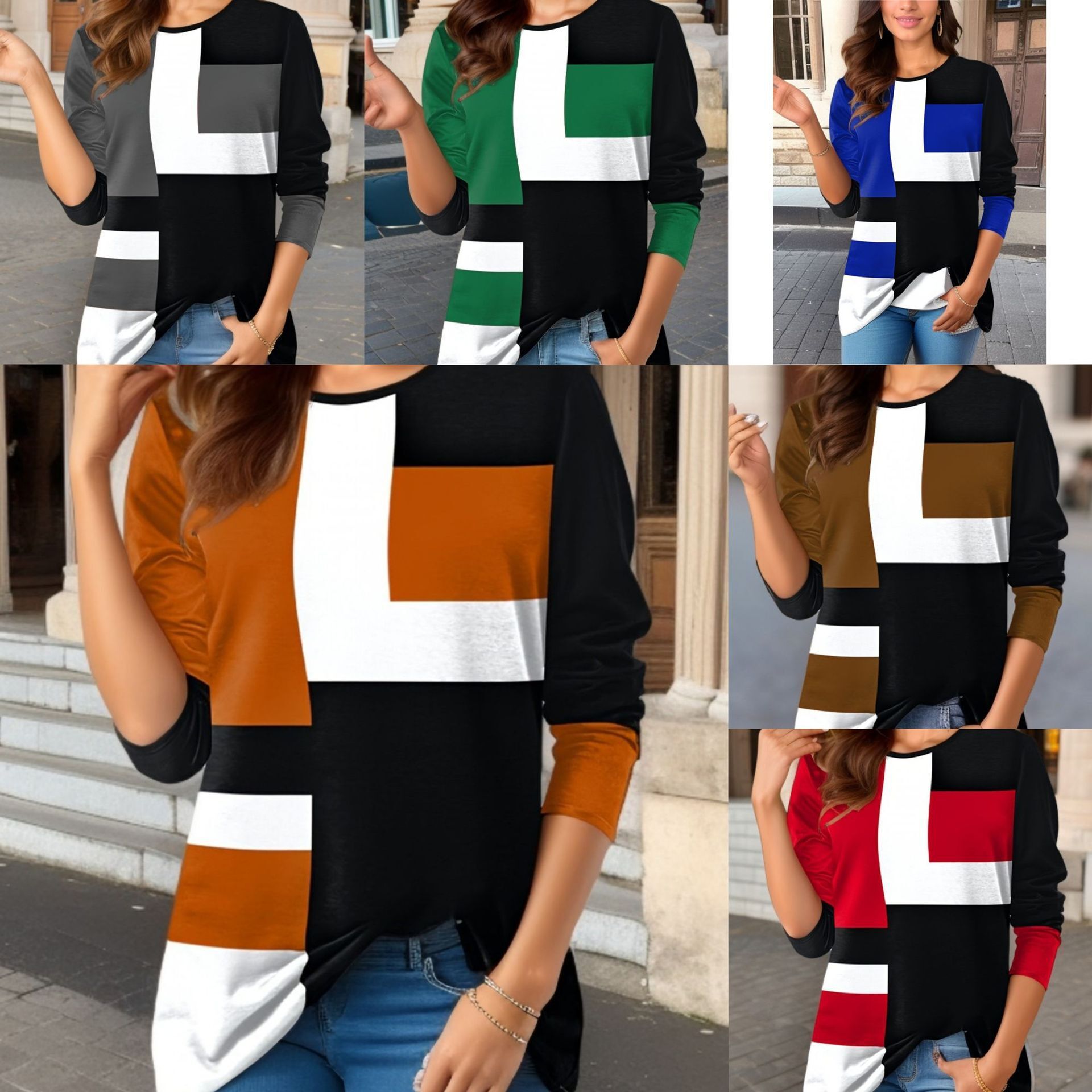 Women's Clothing New Geometric Color Block Long Sleeve T-Shirt
