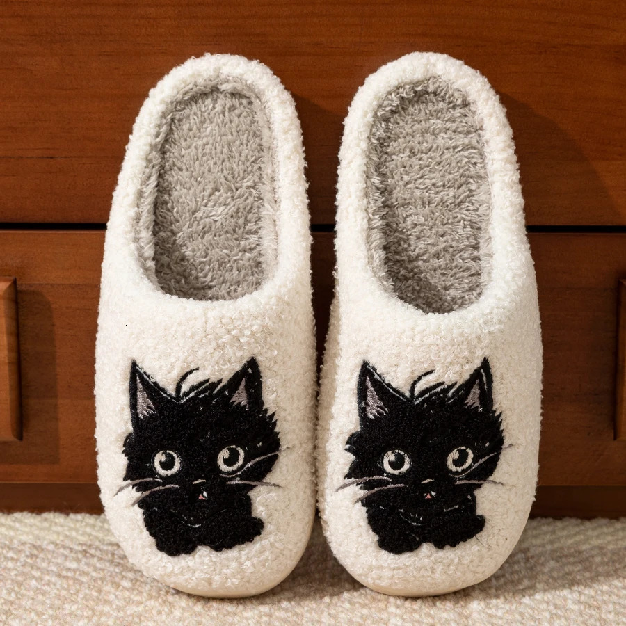 Winter Womens Slippers Indoor Cartoon Black Cat Cute Girls Slipper Bedroom Antislip Soft Sole Comfortable Cotton Homeshoes251020