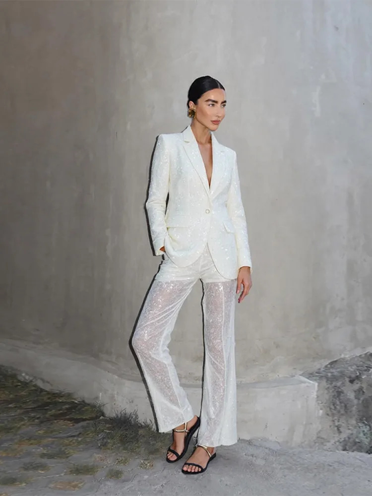 Sequins Suit Perspective Pants Casual Womans Set Lapel Glitter Loose Coat Sparkling Solid Color Straight Pants Women Chic Sets 251021