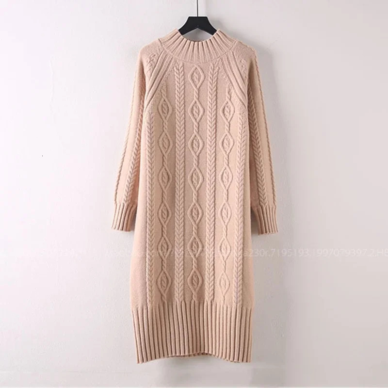 Winter Thicken Plush Velvet Lined Sweater Dress Womens Fall Half Turtleneck Rib Knit Bottom Dresses Elegant Warm Vestido Midi 251023