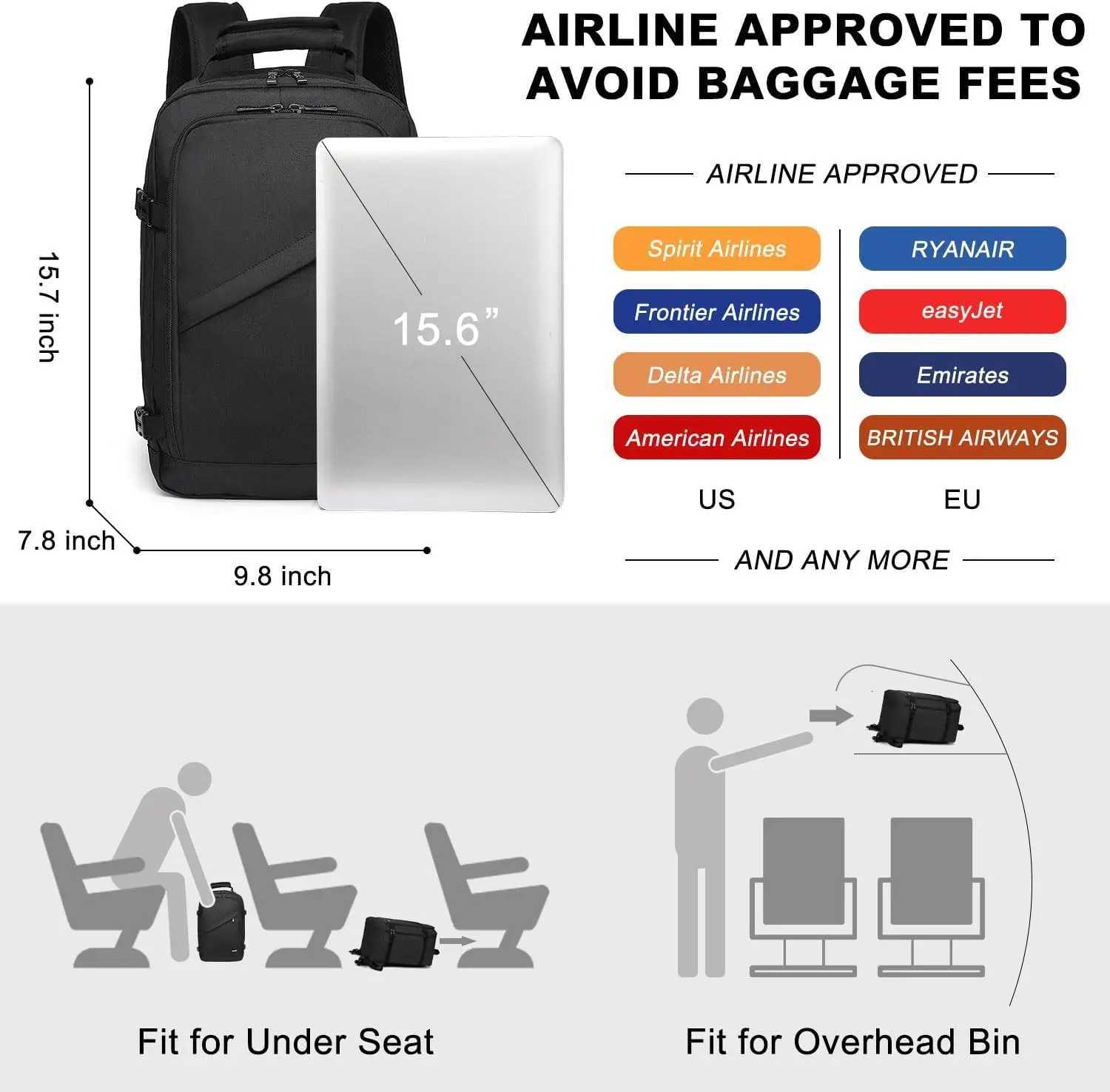 KONO Carry on Backpack Airplane Approved Under Seat Travel Backpack Waterproof Lightweight Daypack 20L30L38L W251025