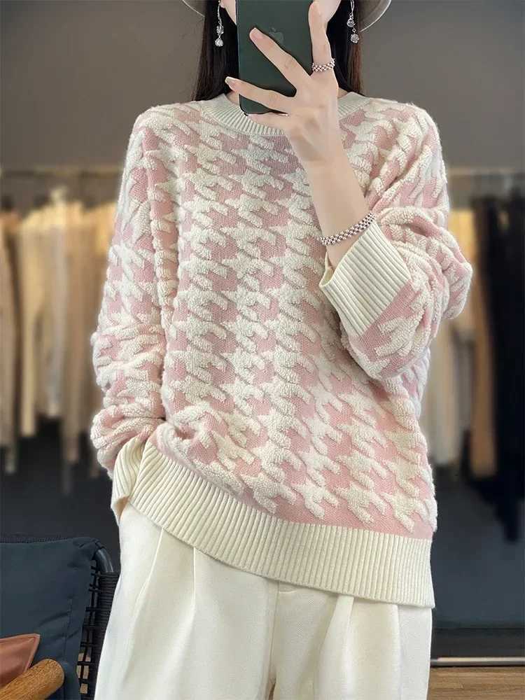 2025 Autumn Winter New Korean Version Round Neck Loose 100 Wool Houndstooth Pullover Sweater Knitted Base LayerT251025