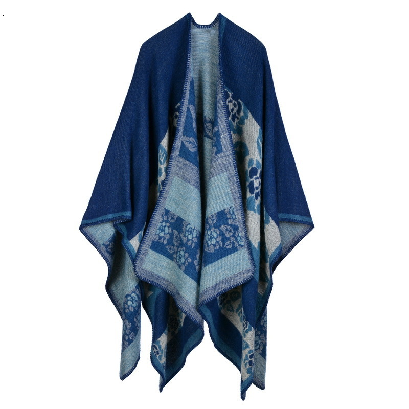 Feng Womens Autumn Winter Thickened Small Flower Warm Imitation Cashmere Shawl Cape Reversible Coat Womens Scarf