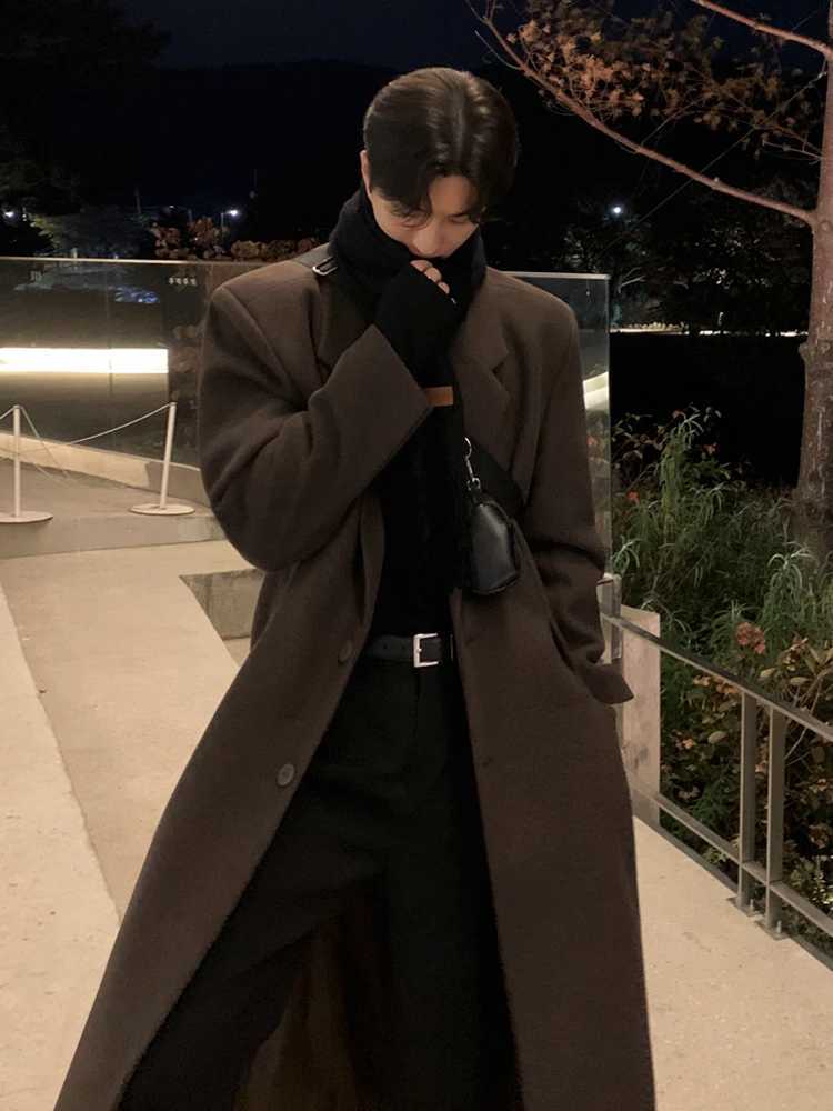 Korean Style Men Woolen Overcoat Turndown Collar Single Breasted Overknee Thickened Casual Male Trench 2024 WinterT251025