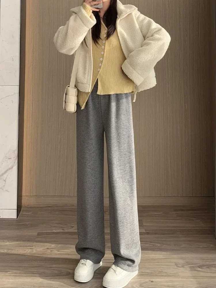 Casual Pants Women Warm Loose Soft Plus Velvet Knitted Korean Style Wide Leg Trousers Temper Allmatch Teens Classic PersonalT251025