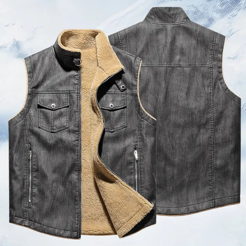 Mens Fleece Liner Fur Leather Jacket Men Sleeveless Winter Windproof Coat Man Vintage Style Thermal Male Clothes Stand Neck 4XL 251020