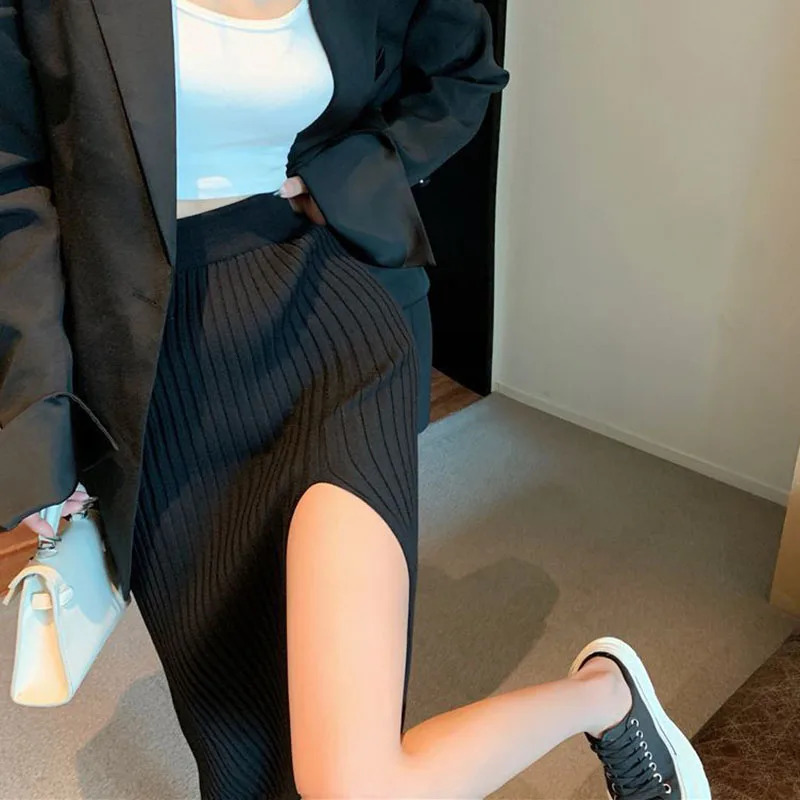 Sexy Split Bodycon Long Skirt Women Elegant Slim Fit HighWaisted Knitted Skirts Woman Autumn Winter Package Hip Midi Skirt 251020