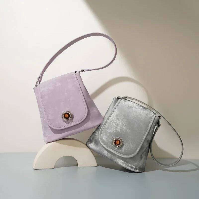 New Chinese Style Women Veet Satins Genuine Leather Bucket Shoulder Female Small Underarm Bag Ladies Purse And Handbags 1025