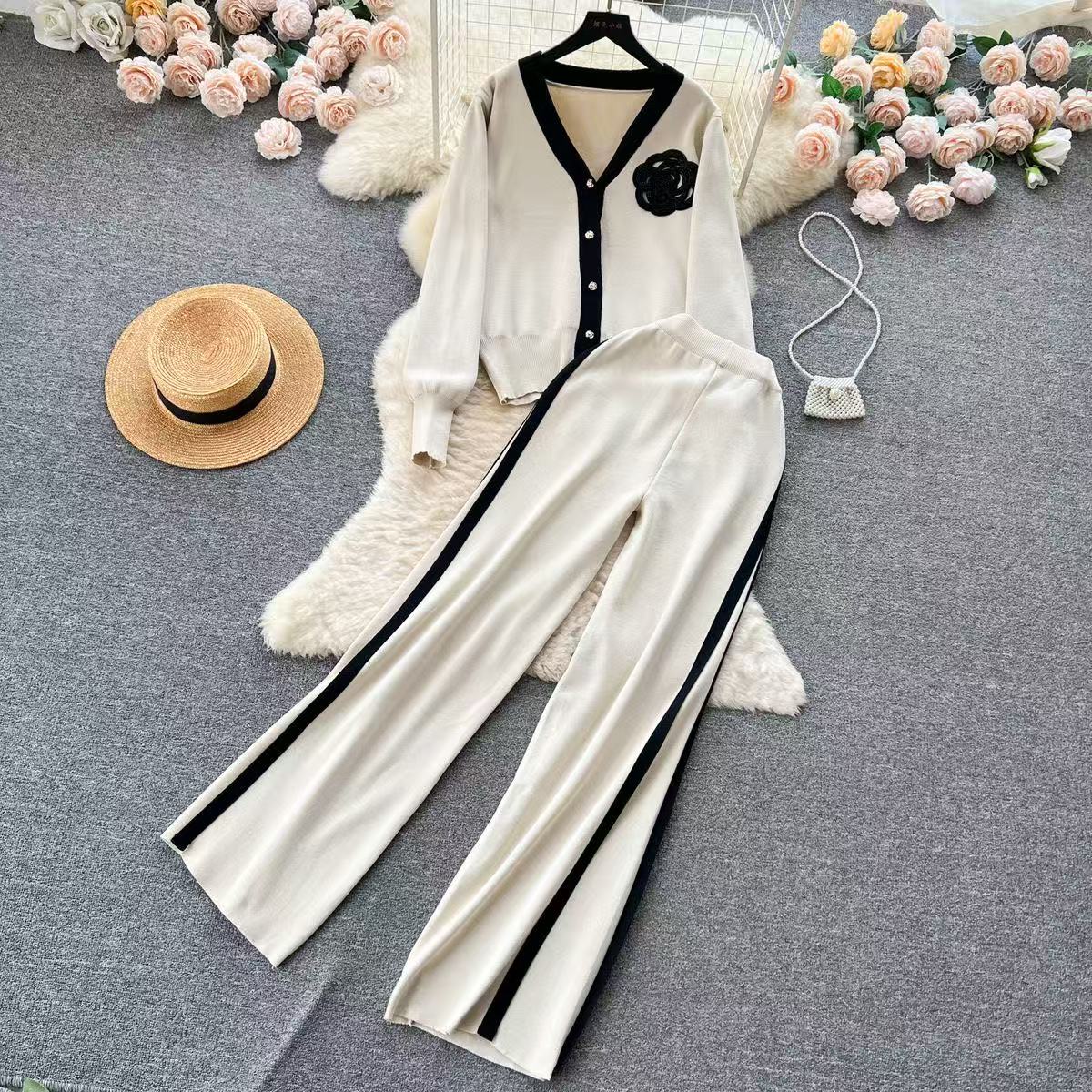 Ladies' high-grade casual knitting fashion suit women's loose long-sleeved shirt in autumn and winter+high-waist drape trousers C260312