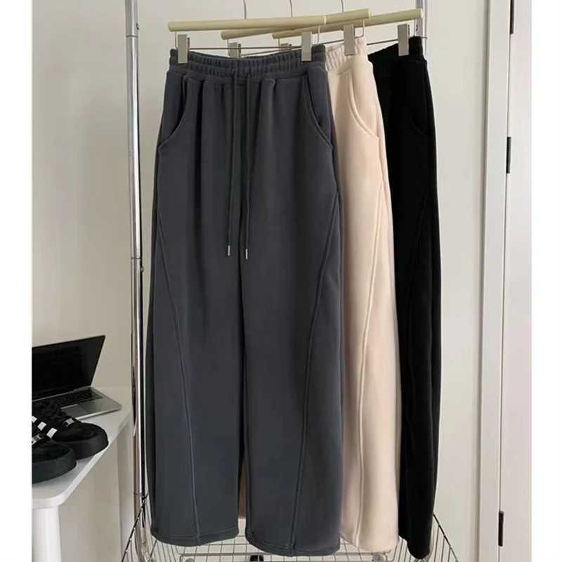 Polar Fleece Pants Women High Waist Baggy Wide Leg Sweatpants Thickening Straight Drawstring Warm Stitching Straight TrousersT251025