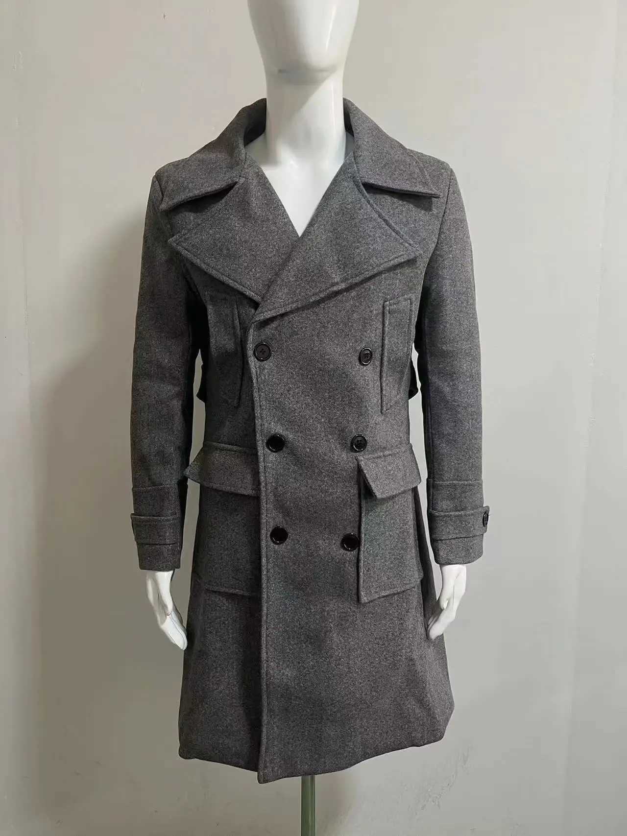 New Fashion AutumnWinter Casual Long Sleeve Turndown Collar Double Breasted Pockets Solid Color Loose Fit Wool Blends CoatT251025