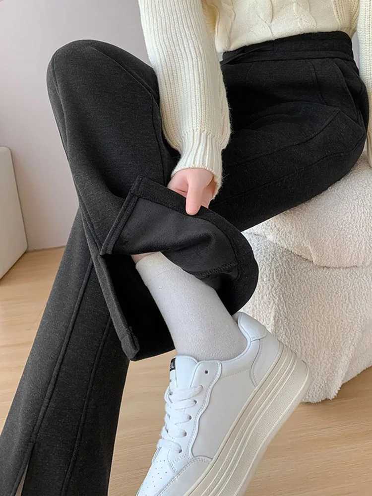 Split Design Thicken Slim Flare Pants Women Elastic High Waist Velvet Lined Wide Leg Pantalones Winter Warm Casual Solid CalcaT251025