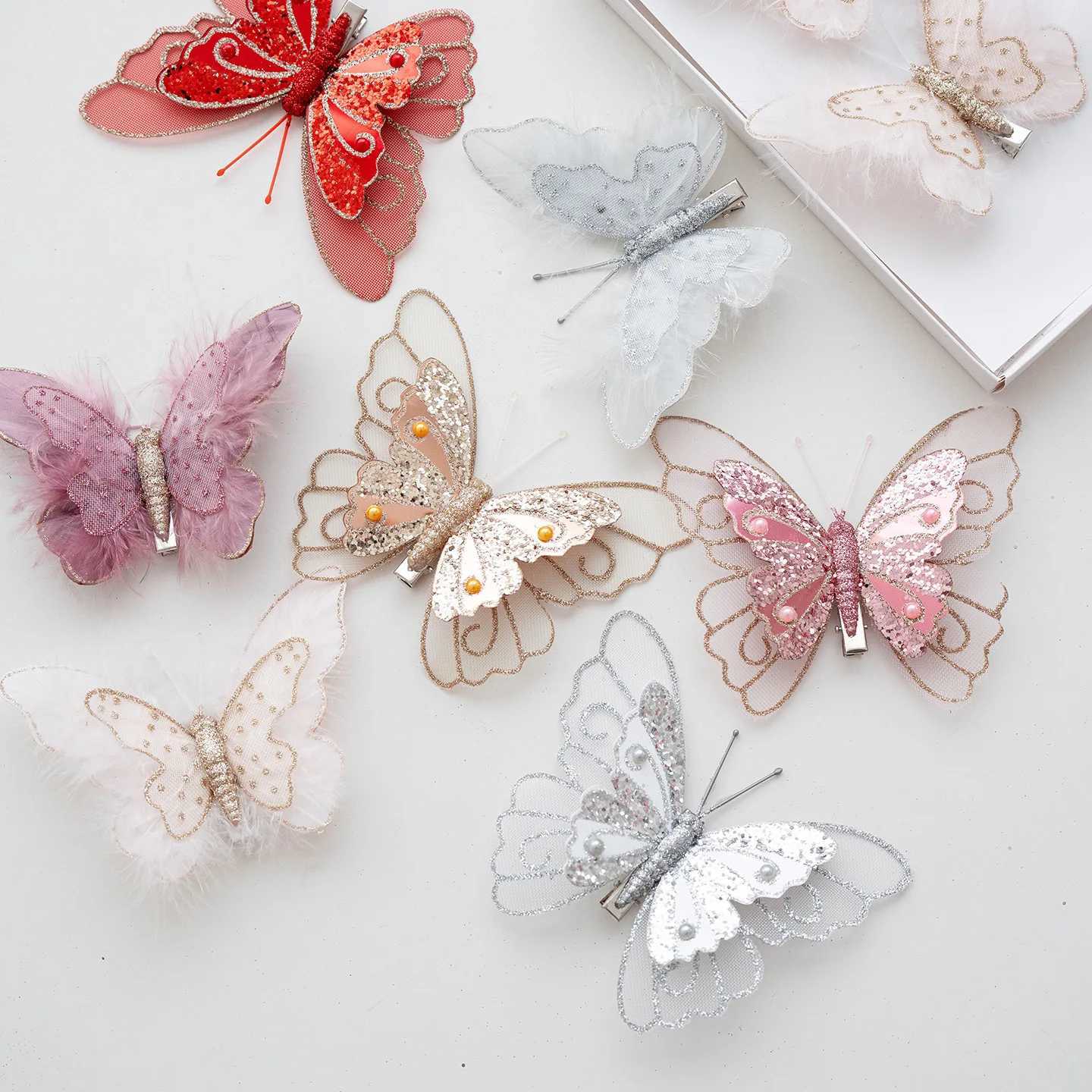 3pcs New Christmas Decoration Simulation Double Sequins Feather Butterfly Hanging Christmas Tree Decoration Hanging C251024