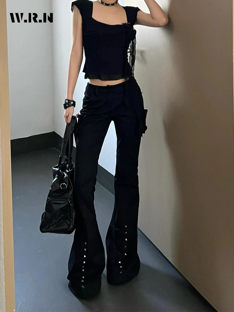 Hight Street Sheath High Waist Flared Jeans Black Kpop Retro Y2K Harajuku Pants Womens Vintage Slim 2000s Skinny Denim Trouser 251023