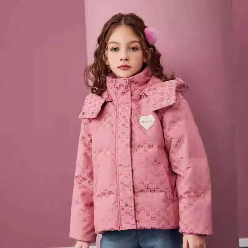 Winter Warm Girls Pink All-Over Print Crop Hooded Zip Puffer Jackets School Kids Thick Coats Children Outfit Windbreaker 5-16 Yr