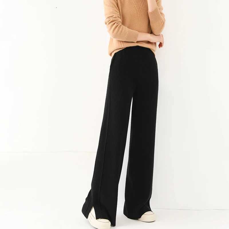 Women Wool Wide Leg Trousers Elastic Waist Side Slit Woman Wool Pants Autumn Winter 100 Merino Wool Knitted Soft Warm TrousersT251025