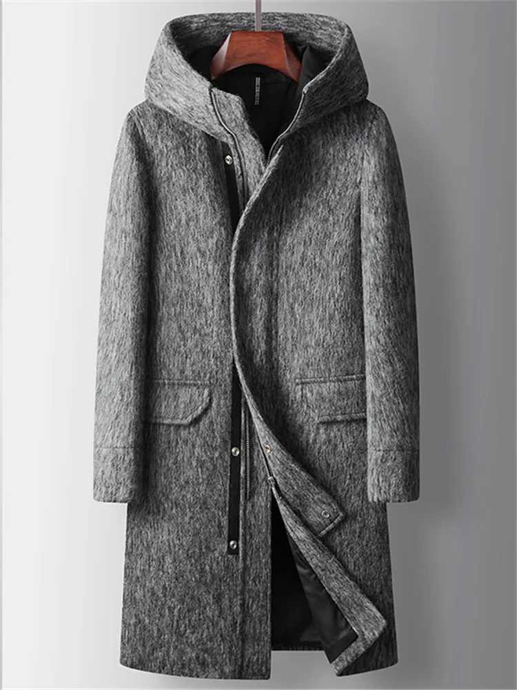 High Quality Woolen Coats Men Autumn Winter Long Hooded Wool Trench Coats Male Thick Warm Solid Business Casual Outwear Coat ManT251025